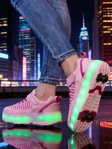 BLSART 兒童 LED 發光 2 合 1 可拆卸輪滑鞋，套腳式，透氣布料，輕量禮物 - 粉色 - 查看 7