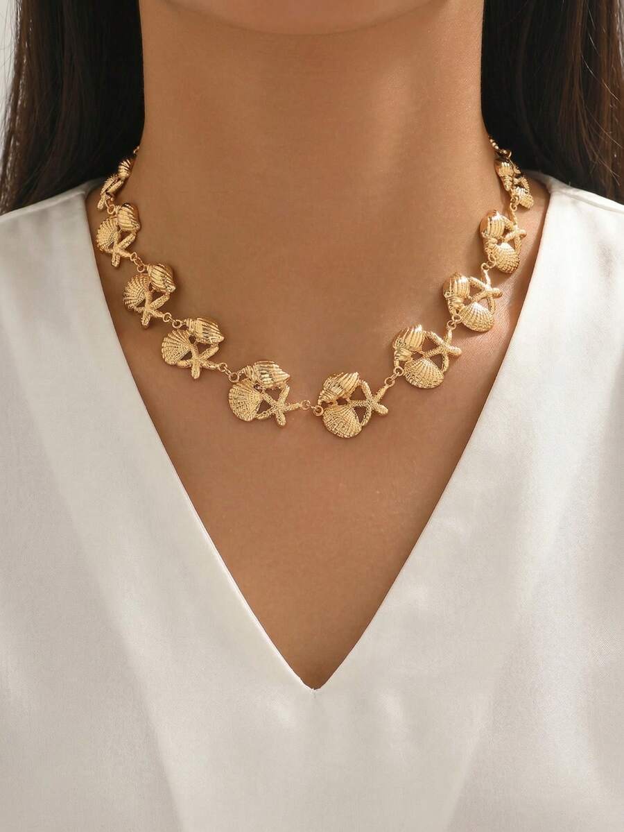1pc Creative Asymmetrical Metallic Starfish & Shell Necklace, Fashionable Versatile Gold Tone Choker Necklace, Suitable For Daily Wear, Dates, Parties And Music Festivals - Gold - View 1