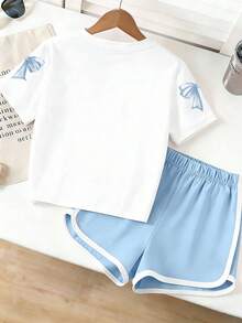 2pcs/Set Tween Girls' Cute Leisure Bow Slogan Prints T-Shirt + Color-Block Shorts Set, Suitable For Spring, Summer Wear, Perfect For Family Outings, Tween Girls Outfit Sets - 淺藍色 - 查看 2