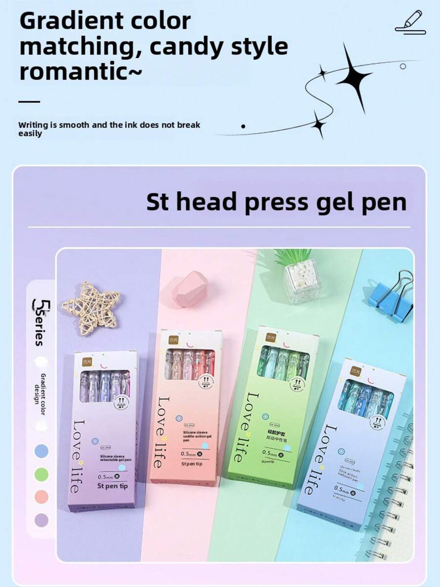 15pcs/Set (5 Pens + 10 Refills) Retractable Ballpoint Pen Set, Student Neutral Pens, Rollerball Pens, 0.5mm Black Ink, Suitable For Smooth Writing In Exams, Available In Pink, Purple, Blue, Green - Sets - View 1