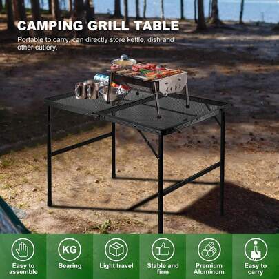 Luminpool Grill Table For Outside,Lightweight Aluminum Folding Portable Metal Mesh Outdoor Grill Table For Camping Cooking BBQ RV Picnic (Black)