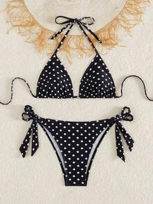 Women's Polka Dot Halter Bikini Set, Cute Tie-Side Swim Bottoms, Medium Stretch Fabric, Perfect For Beach Vacation Summer - 黑白 - 查看 6