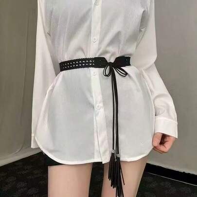 1 chiếc thắt lưng kiểu Bohemian có tua rua rỗng, dây thắt lưng thời trang đa năng cho váy, áo sơ mi, chân váy, chất liệu giả da.