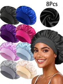 Awegeo 8 件装女士缎面睡眠帽，宽弹力带双层双面发帽，丝滑触感，适合卷发，夜间护发及日常佩戴 - 彩色 - 查看 11