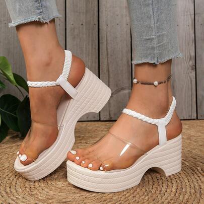 Women Clear Strap Braided Detail Platform Wedge Sandals, Summer Minimalist White Chunky High Heels
