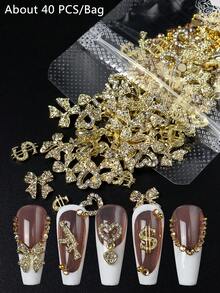 美甲飾品 金色金屬合金槍心美金蝴蝶結設計 水鑽鋼珠 Y2K 美甲藝術配件 美甲用品 - 彩色 - 查看 8
