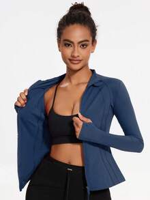 Women's Fitted Athletic Jacket With Thumb Holes And Stand Collar, Lightweight Breathable Women's Summer Coat, Soft Cozy Full Zip Workout Jacket, Slim Fit Yoga & Tennis Outerwear, Low Impact Exercise Top, Summer Outfits For Women,  Daily Active Wear,Gym Clothes Women,Women Sports Jackets - 藍色 - 查看 3