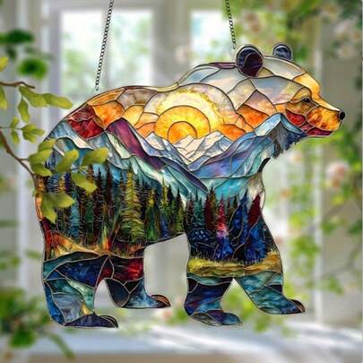 1pc, Captivating Bear And Mountain Forest Sun Catcher Colorful Window Hanging, Holiday Decorations, Window Home Wall Porch Barn Room Bedroom Family Garden Indoor Decoration, Men's Birthday Gift Family Sister Mother Lady, Moving Gift