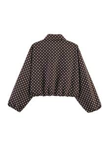 Women's Brown Polka Dot Zip Pocket Jacket - Casual Loose Lapel Spring/Autumn Coat - Brown - View 7
