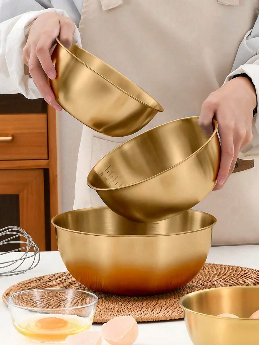 3pcs Stainless Steel Mixing Bowls Set, Suitable For Kneading Dough, Salad, Cooking, Kitchen Utensils