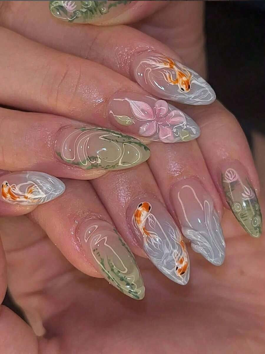 24pcs Almond-Shaped 3D Floral & Fish Design Nail Stickers, Green Natural Style, Artistic Garden Nail Decals, Fit Medium-Long Nails, Set Includes: 1pc Jelly Gel & 1pc Nail File. Suitable For Women & Girls Daily Wear, Parties, Vacations & Other Occasions. - 綠色 - 查看 1