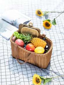 Woven Picnic Basket, Multi-Functional Wicker Basket, Handheld Storage Basket, Rural Living Shopping Organizer - Brown - View 4