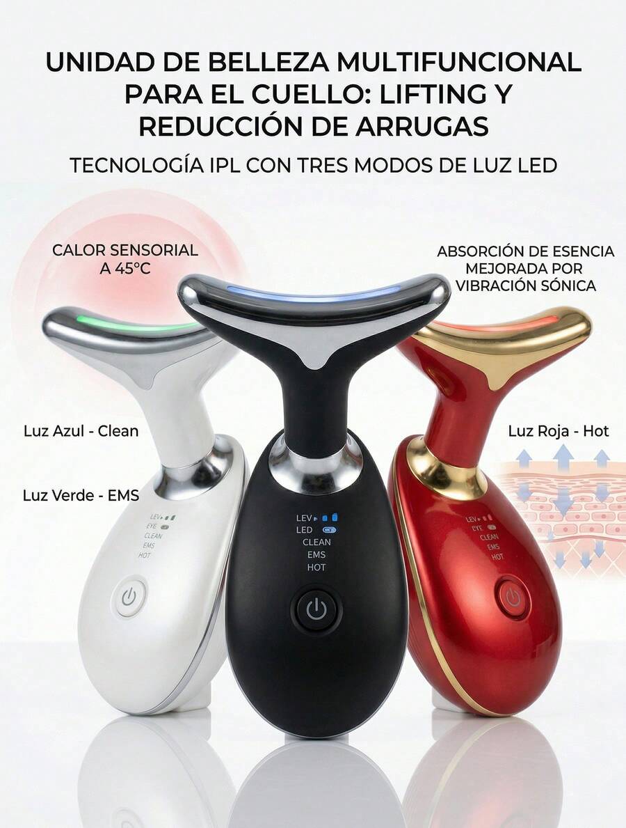 Masajeador Cuello IPL 3 Colores EMS Adios Papada Efecto V-Shape Calor 45C Nutricion Piel Radiante Padrisimo Regalo Mama Neta Chula Gua Sha Electrica Firmeza de Volada Negro Blanco Rojo