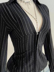 1pc Black V-Neck Striped Collar Slim Fit Button-Up Long Sleeve Sexy Blouse For Commute & Daily Wear, Winter - Black - View 4