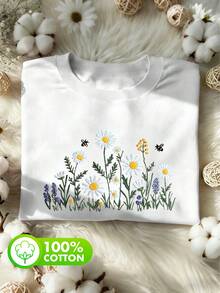 Women's Summer Vacation Daily 100% Cotton Imitation Embroidered Wildflowers Graphic Crew Neck Short Sleeves Casual White Women's Top - White - View 7
