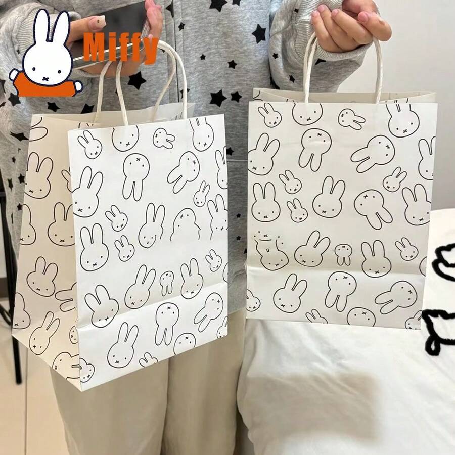 1pc Cute Rabbit Printed Paper Gift Bag, Durable Shopping Bag With White Floral Pattern, Party Favor Bag, Gift Packaging For Girls - Multicolor - View 1