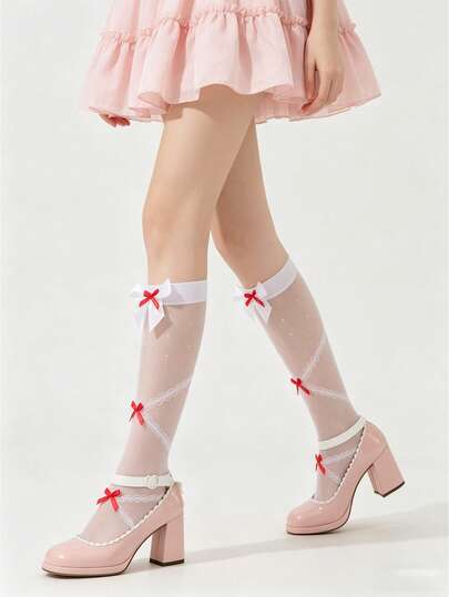 1 Pair White Bow Lolita Style Delicate Diamond Pattern Stockings, Suitable For Spring/Summer