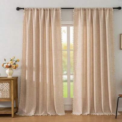 1 chiếc rèm cửa kiểu Mỹ, chất liệu vải lanh, có tua rua, rèm bán trong suốt che chắn tầm nhìn cho cửa sổ phòng ngủ, rèm voan mỏng cho phòng khách.
