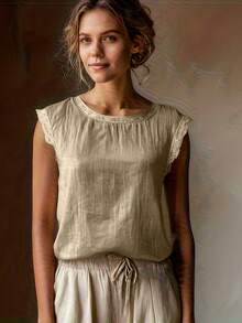 Retro Casual Linen Sleeveless Top, Elegant Daily Wear For Women - Khaki - View 3