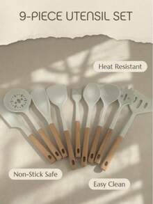 Bộ dụng cụ nhà bếp bằng silicon màu trắng, có tay cầm bằng gỗ cách nhiệt và lớp silicon, thích hợp để chiên bánh muffin kiểu Mỹ, thịt xông khói, nấu mì Ý, chiên khoai tây chiên, bánh kếp, nướng bánh mì, nấu mì ống, múc súp, v.v. - Nhiều màu - Xem 11