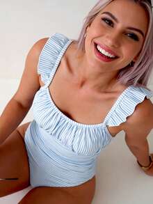 Summer Fashionable Cute Blue & White Striped One-Piece Ruffled Swimsuit, Suitable For Vacation, Beach And Other Occasions - Baby Blue - View 3