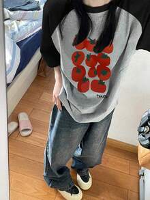 女士休闲撞色圆领卡通字母和番茄/水果印花短袖T恤，春夏款 - 深花灰 - 查看 2