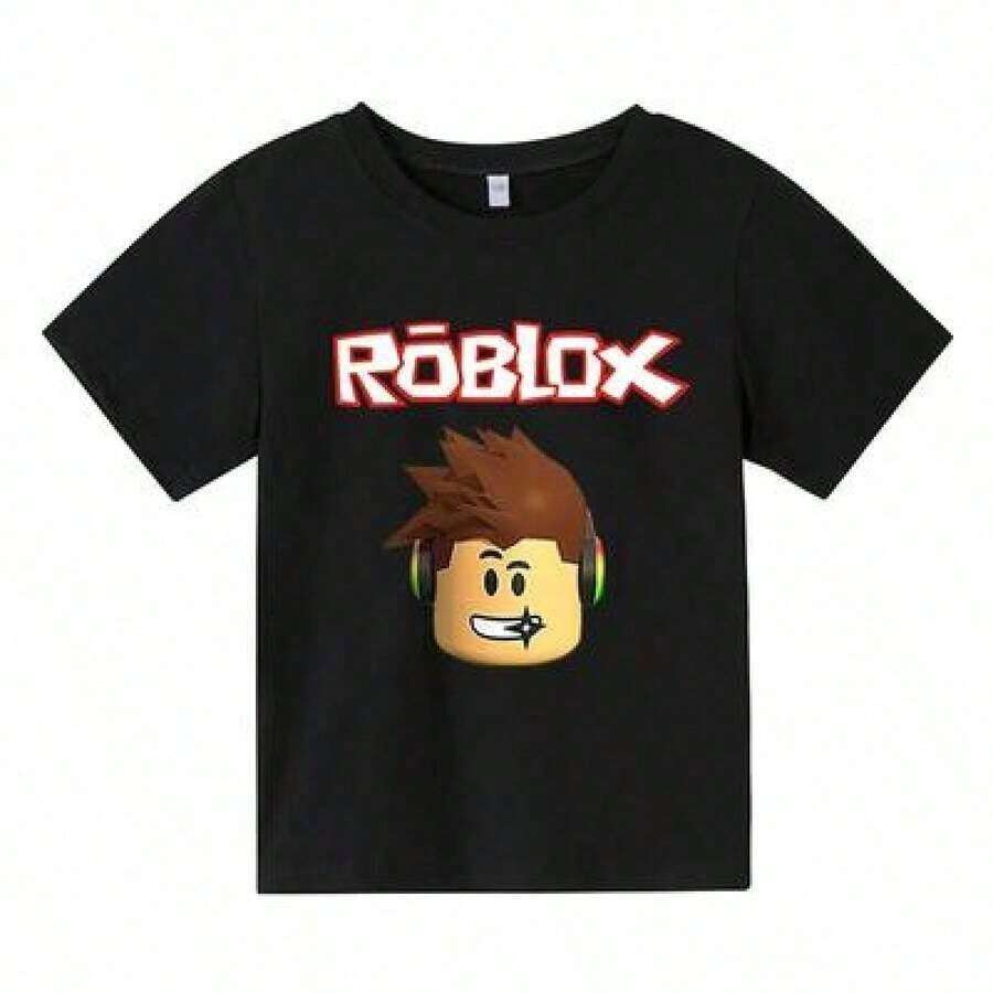 1pc Anime Graphic-Shirt Women Kreslené Robloxing Dětské Tričko Kluci Hra Sportovní Bavlněné Tričko Díě Krátký Rukáv Vrchní Díl Ležérní Street Harajuku Oblečení,1 Piece,Unisex-Shirt,Family Matching Outfits, Easter - 黑色 - 查看 1