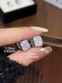 1 Đôi bông tai thời trang thanh lịch, nhỏ nhắn, thiết kế hình vuông hình học, đính đá pha lê, đa năng dành cho nữ - Bạc - Xem 2