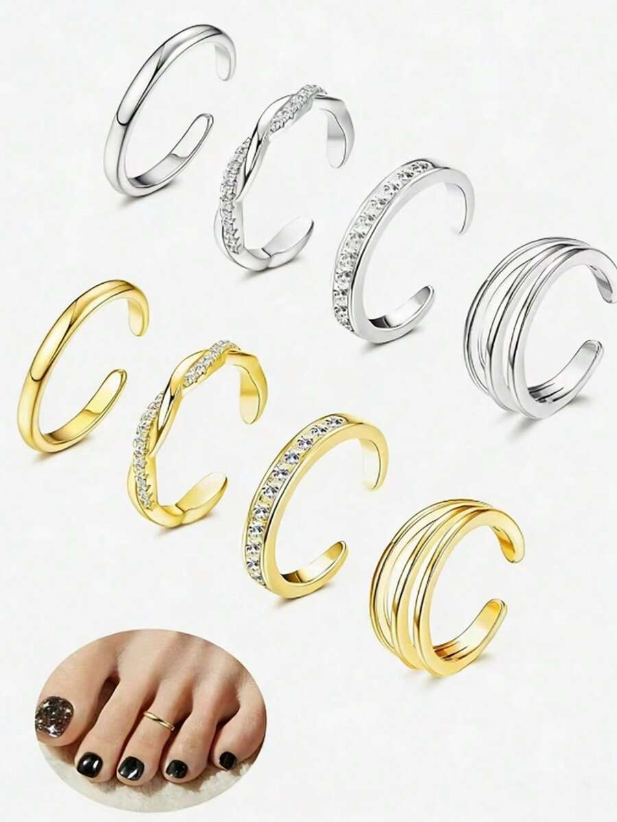 Bộ 4 nhẫn ngón chân, mạ vàng trắng, nhẫn ngón chân đơn giản kiểu ôm sát ngón chân, đính đá Cubic Zirconia, xoắn ba lớp, trang sức chân đi biển, có thể điều chỉnh kích cỡ. - Bộ 4 vòng chân - Xem 1