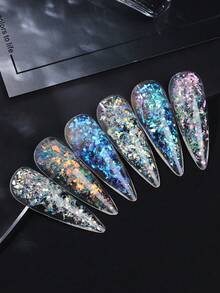 6格极光彩虹美甲粉，幻彩贝壳片，不对称白色全息美甲闪粉，闪亮美甲沙龙DIY美甲装饰粉 - 彩色 - 查看 3