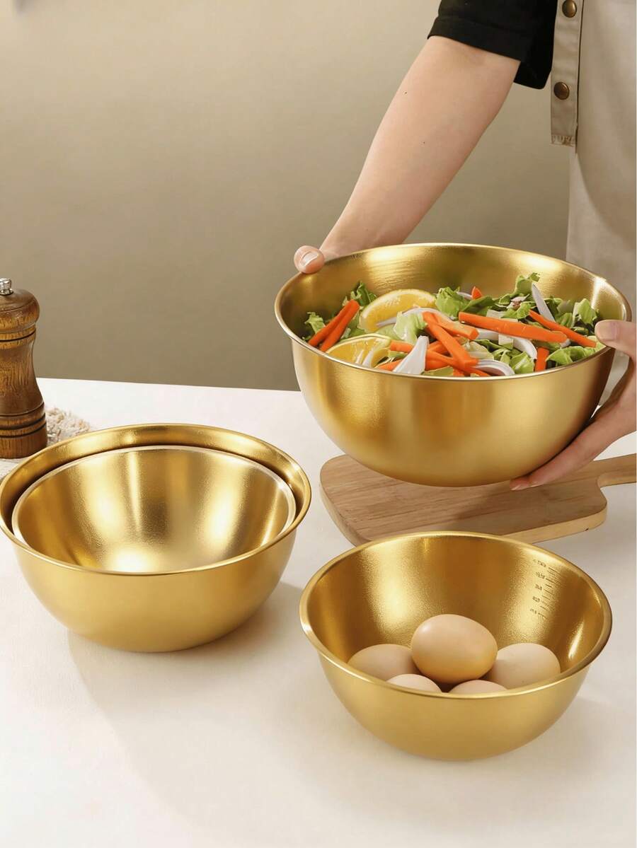 3pcs Stainless Steel Mixing Bowls: Perfect Kitchen Accessories For Restaurants [Silver-Gold 3pcs (17+19.5+22)Cm] - Gold - View 1