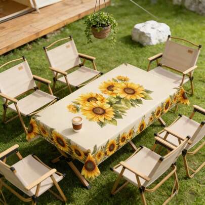 1PC,Sunflower Farm Style Tablecloth, Spring Farmhouse Atmosphere Design, Polyester Material, Rectangular/Circular Tablecloth, Suitable For Indoor/Outdoor Picnics, Party Decoration, Kitchen Dining, Home Decoration, Wedding, Party, Indoor/Outdoor, Coffee Table, Ideal Gift, Seasonal Desktop Decoration