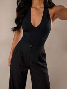 Women's Elegant Black Deep V-Neck Backless Bodysuit With Black Pleated Wide Leg Pants Set, Suitable For Street Casual Daily Home Wear - Black - View 5