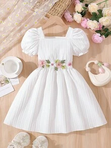 Young Girl' White Solid Color Casual Dress, Summer - White - View 1
