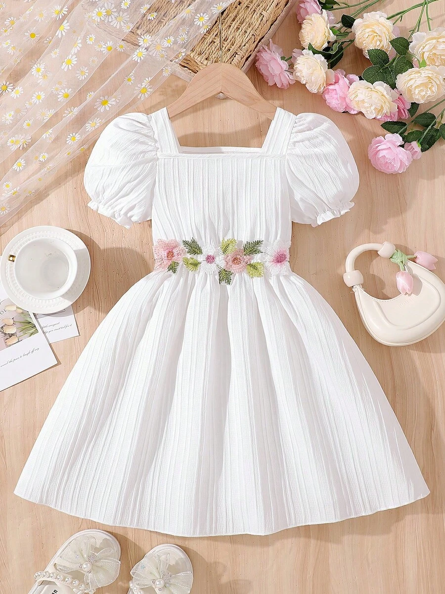 Young Girl' White Solid Color Casual Dress, Summer - White - View 1