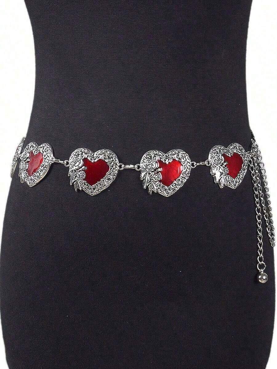 1pc Red Heart Print Vintage Gold-Color Metal Chain Belt, Suitable Halloween, Weddings, Holidays And Daily Wear Valentine's Day Summer School Fall, Autumn, Halloween - Bạc cổ - Xem 1