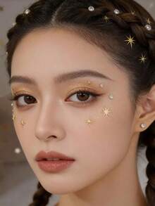 1pc Luxury Gold Star Face Sticker, Transparent Crystal Combination, Music Festival/Gala Makeup Decor, Stage Makeup Eye Decoration, Party Atmosphere Makeup Sticker,Concert Look,Face Gems - Multicolor - View 3