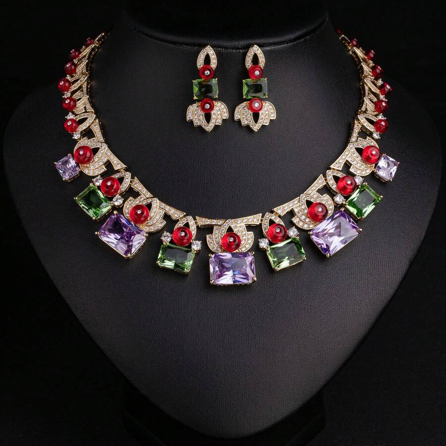 Bộ 3 món thời trang nữ gồm dây chuyền, bông tai thiết kế độc đáo đính đá Cubic Zirconia, và bộ trang sức phù hợp cho phái nữ, cô dâu, dự tiệc, đám cưới, quà tặng thời trang nữ.