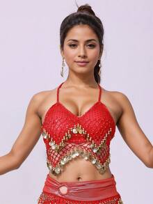 Bộ trang phục múa bụng đính sequin dành cho người lớn, áo voan đính sequin (có mút ngực, không thể tháo rời) và quần dành cho nữ, bộ trang phục công chúa Ả Rập dành cho múa phương Đông cho nữ. - Nhiều màu - Xem 2