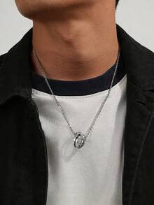 1 pieza Collar con colgante de anillo doble giratorio en tono plateado para hombre, cadena de acero inoxidable con piedra de CZ para uso diario - Multicolor - Ver 4