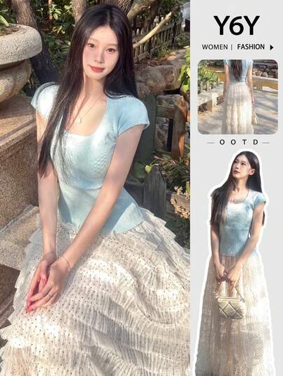  Y6Y 2026 新款夏季优雅白色多层蕾丝波点中长裙（女款）