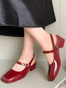 Women's Mary Jane Low Chunky Heels Slingback Closed Square Toe Dress Shoes Elegant Wedding Party Work Office Pumps Shoes - Đỏ - Xem 2