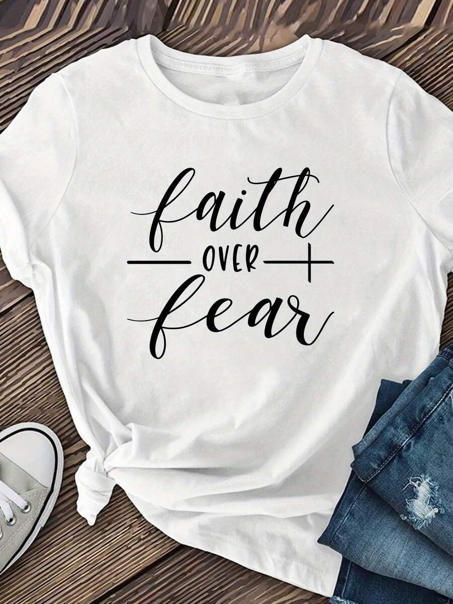 Faith Over Fear  Womens T Shirt  Women'S Faith Over Fear Graphic Print T-Shirt - Soft Stretch Crew Neck Short Sleeve Casual Top, Machine Washable, Available In Multiple Colors For Spring Summer Fall, Seasonal Versatile Shirt |   Motivational Apparel | Stretchable FabricLoose Fit Benito Bowl,Big Game, Football Fast Delivery Women'S Casual And Stylish Short-Sleeved Printed Shirt/T-Shirt, Breathable, Suitable For Outdoor Sports, Everyday Wear, Birthday Gifts, Christmas Gifts, Halloween Gifts, Or As A Commemorative Shirt For Friends Or Loved Ones. Also Suitable As A Pullover - trắng - Xem 1