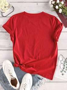 Plus Size Fashion Women's T-Shirt,Women's Cartoon & Letter Print Round Neck Short Sleeve T-Shirt PLZ USE IT Graphic Tees Women Tops - 紅色 - 查看 2
