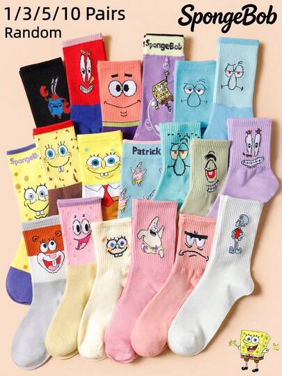 SpongeBob SquarePants 1/3/5/10 pares de calcetines tipo tripulación con personajes de dibujos animados aleatorios, calcetines divertidos y coloridos de novedad para streetwear