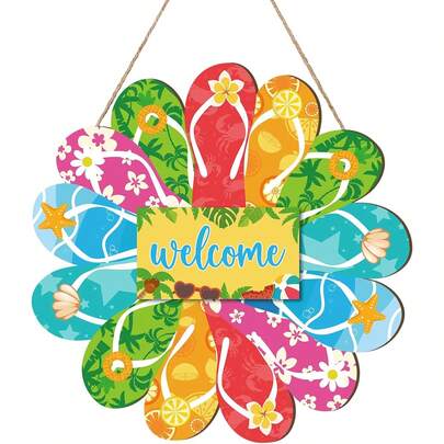 Biển treo cửa hình dép lê mùa hè, dạng phẳng 2D, 1 chiếc, biển chào mừng bằng dây thừng bằng gỗ, trang trí tường phong cách mộc mạc, trang trí cửa trước trong nhà/ngoài trời mùa hè.