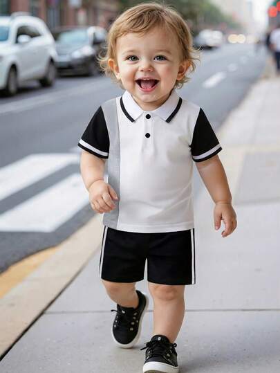 2pcs Toddler Boys' Spring/Summer Short Sleeve Shirt And Shorts Set, Minimalist Collegiate Style White, Gray, Black, Polo Collar Shirt With Contrast Sleeve Trim And Black Buttons, Loose Fit Black Shorts, Breathable And Skin-Friendly, Suitable For Kindergarten, Casual Outings, Family Trips