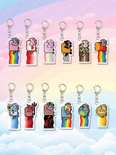 1pc Acrylic Cute Pixel Rainbow Tail Cartoon Cat Theme Pendant Decoration, Backpack Accessory/Bag Charm/Schoolbag Accessory/Wallet Pendant, Gift For Friends