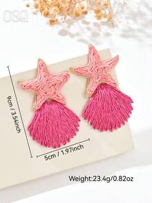 OOQ 1对手工编织拉菲草蓝色海星贝壳耳环，时尚夸张海洋系列海星贝壳流苏拉菲草耳环，适合女性日常、节日、派对、情人节、婚礼、母亲节、音乐节等场合佩戴（手工拉菲草编织，方向和形状随机） - 玫紅色 - 查看 2
