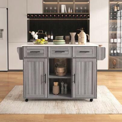 139x46 (71) X91.5 Cm Dining Trolley / Side Cabinet, Cabinet With Grey Solid Wood Veneer, Countertops With White Marble Veneer, Folding Worktop Cabinet / Storage Door / R